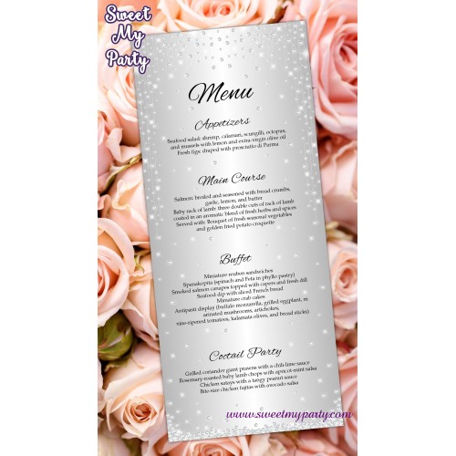 Silver Diamonds Wedding Menu cards tea length,Glitter Sparkle Wedding Menu cards tea length,(015w)
